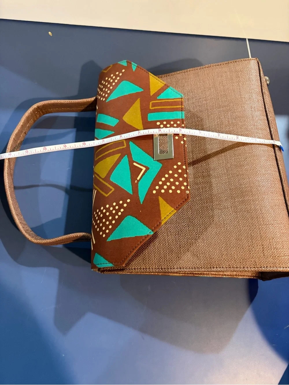 Stylish Brown Canvas Top-Handle Bag with Teal & Mustard Geometric Flap